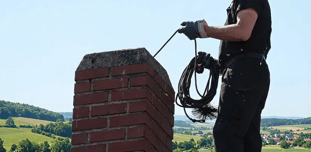 Chimney sweep inspecting and cleaning a rooftop chimney in El Paso, TX