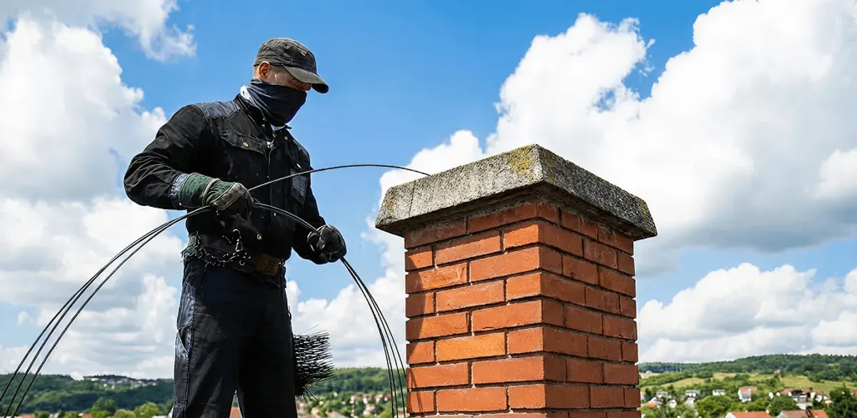 Chimney sweep cleaning a brick chimney with professional tools in El Paso, TX
